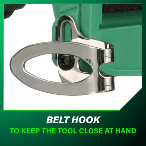 Close-up of metal belt hook on 18V Right Angle Drill With 3/8 Inch Keyless Chuck, Paddle Switch, LED Light, Variable Speed