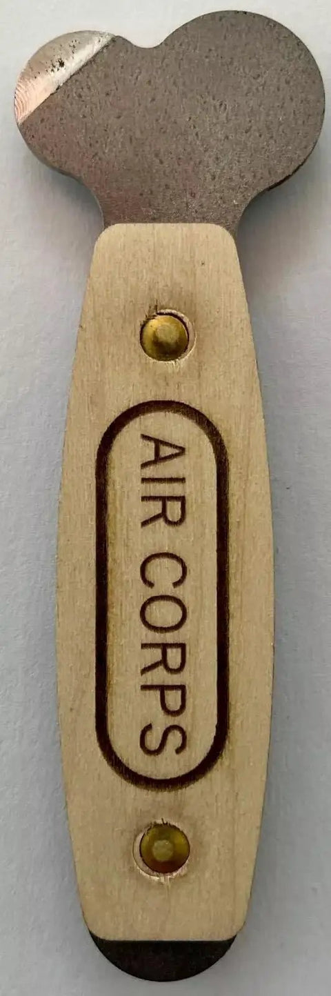 Snoopy Tool For Dzus Style Quarter Turn Aircraft Fasteners DT 0103 with maple veneered plywood grip, top view.