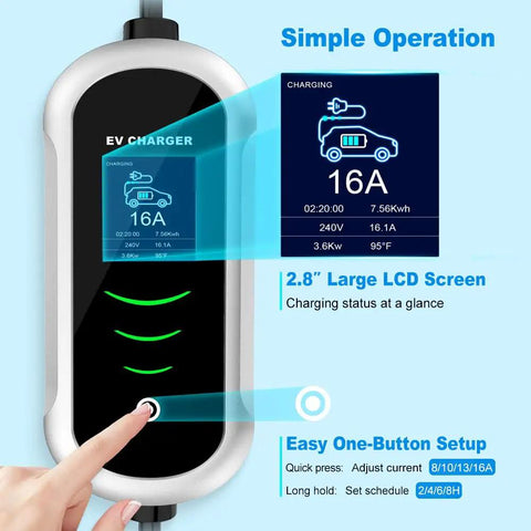 Snappy Plug And Play 16A Level 1 And 2 Electric Vehicle Charger With Chill Smart Lcd Display showing 2.8" display and easy button control.