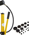 Heavy Duty 15 Ton Hydraulic Knockout Punch Kit With Conduit Hole Cutter Set One Half To Four Inches Includes 10 Piece Puncher Kit Metal Sheet Driver Tools For Aluminum Brass Stainless Steel Fiberglass And Plastic showing pump, hose, and complete set of punches and dies.