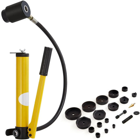 Heavy Duty 15 Ton Hydraulic Knockout Punch Kit With Conduit Hole Cutter Set One Half To Four Inches Includes 10 Piece Puncher Kit Metal Sheet Driver Tools For Aluminum Brass Stainless Steel Fiberglass And Plastic showing pump, hose, and complete set of punches and dies.