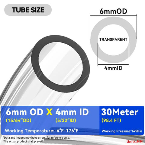 Diagram of Transparent PU Air Hose 6mm OD 4mm ID, 30m Length, showing size, temperature range, and pressure details.