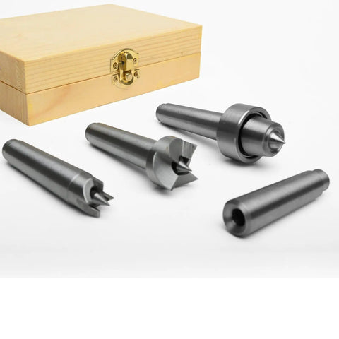 Wood Lathe Drive Center Set Four Piece With Live Tailstock Cup And Point Center And Dead Headstock Spur Centers with wooden case