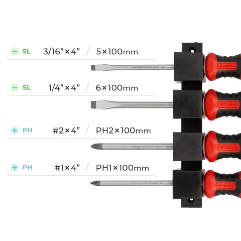 Magnetic Screwdriver Set With Impact Grade S2 Steel And Ergonomic Cushion Grip Four Piece Kit With Wall Mount Rack