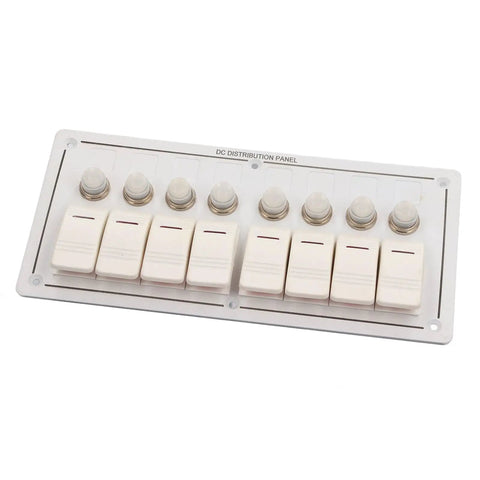 8 Gang Aluminum Alloy Marine Switch Panel With Red LED Indicators And IP65 Waterproof Rating in white material with toggle switches.