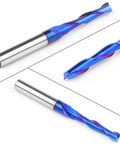 Two blue-coated solid carbide upcut spiral router bits shown in side and end views with 1/4 inch shanks and 3/16 inch cutting diameter