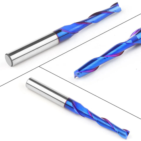 Two blue-coated solid carbide upcut spiral router bits shown in side and end views with 1/4 inch shanks and 3/16 inch cutting diameter