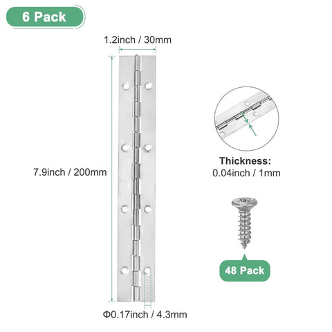 Rock Solid 8 Inch Stainless Steel Piano Hinges 6 Pack Continuous Hinges 1.2 inch width with screws and detailed measurements.