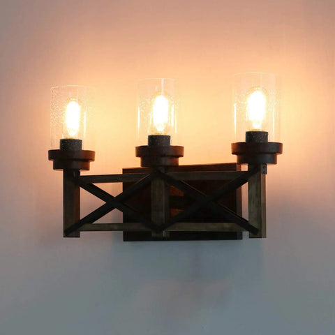 Industrial Three Light Vanity Fixture With Seeded Glass Shades 18.9 Inch Rustic Farmhouse Vibe Wall Sconce in black with oak and metal backplate