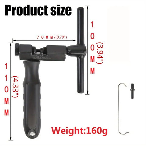 Universal Bike Chain Breaker Tool For 1 To 13 Speed Chains With Spare Replaceable Pin, detailed size and weight shown.
