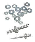Dope All In One Aluminum Pop Rivet Washer Kit For 1/8 Inch, 5/32 Inch, 3/16 Inch Rivets showing washers and rivets on white background
