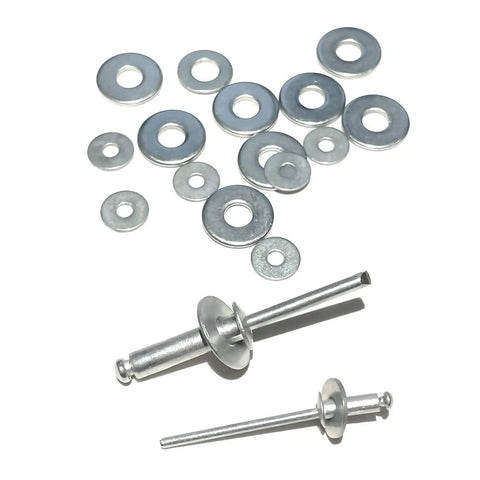 Dope All In One Aluminum Pop Rivet Washer Kit For 1/8 Inch, 5/32 Inch, 3/16 Inch Rivets showing washers and rivets on white background