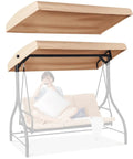 No Fuss Outdoor Swing Canopy Replacement Top Cover For 2 Or 3 Seater Hammock Waterproof Polyester Shade for Garden Patio Porch Khaki Color 158x118 Cm Frame Easy Fit showing use on a swing frame