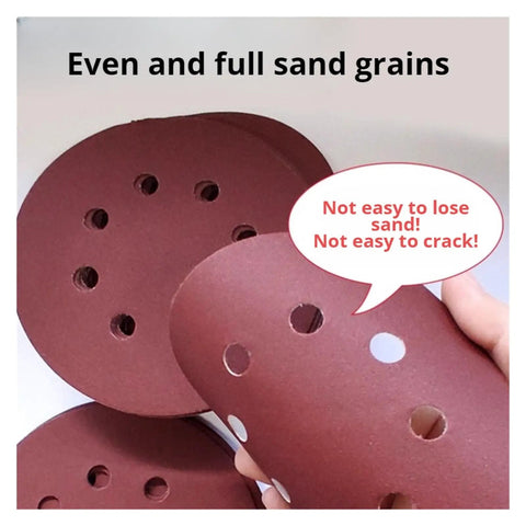 Super Tough 50 Pack Sanding Discs With Fast Hook Loop Change For Woodworking Metal Polishing Aluminum Oxide Abrasive Paper showing even sand grains and holes.
