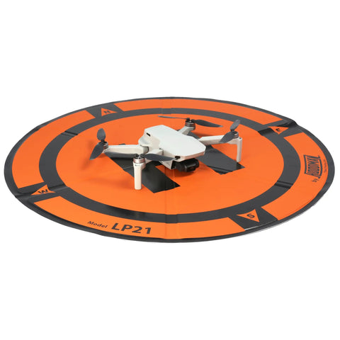 Weighted Trifold UAV Drone Landing Pad LP21 with drone, bright orange design, no stakes, fits Mini 4 Pro, Mini 3 Pro, Mavic Spark.