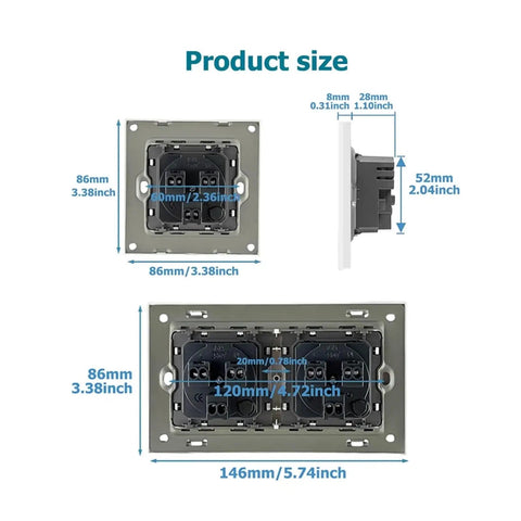 Israel Wall Power Socket With Dual Usb C And Usb A Ports Heavy Duty Flame Retardant PC Panel size diagram showing measurements.