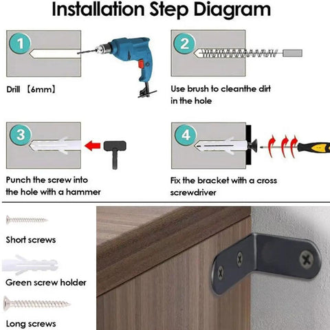 Installation steps for Anti Tip Furniture Anchor Kit with drill, screws, and bracket for wall mounting, shown in step diagram.