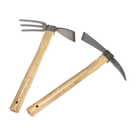 2 Piece Garden Hoe Tools Set With 15 Inch Carbon Steel Cultivator Hand Tiller And Hand Pick Axe, Pro Grade Build, Beech Handles
