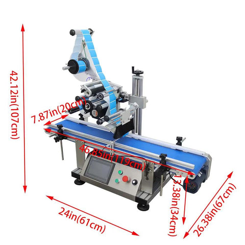 Straight Up Efficient 110V Quick Setup Automatic Desktop Conveyor Bottle Labeler Pro With Smart Touch Screen Display For Round Cosmetics Beverages And Grocery Stock dimensions with conveyor and labeling mechanism.