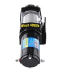 Rock Solid 4000lb Electric Winch With Heavy Duty Steel Cable for Cars Quads and Trailers, front view showing motor and cable.