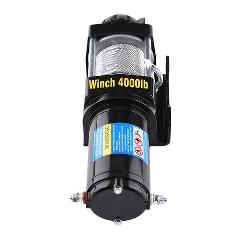 Heavy Duty 4000lb Electric Steel Cable Winch For Car And Truck With 15 Meter Rope, front view showing steel cable and motor.