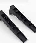 Heavy Duty Aluminum Shelf Brackets Built For The Shop Easy Snap Install For Garage Shelving And Workbenches Black sturdy braces on white background.