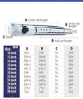 Heavy Hitting 50 Inch Full Extension Three Section Drawer Slides dimensions chart with specifications and measurements.