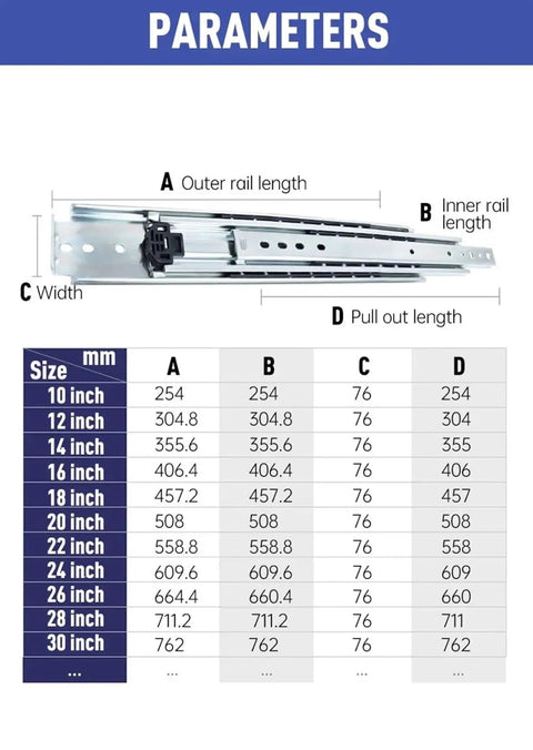 Heavy Hitting 50 Inch Full Extension Three Section Drawer Slides dimensions chart with specifications and measurements.