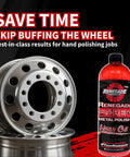 Front view of Renegade Pro Red Metal Polish bottle beside polished chrome alloy wheels