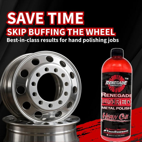 Front view of Renegade Pro Red Metal Polish bottle beside polished chrome alloy wheels
