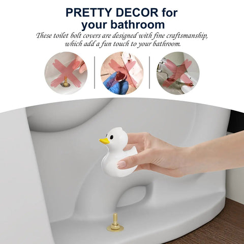 2 Pack Ceramic White Duck Toilet Bolt Covers With 4 Round Cap Washers shown being easily installed on toilet bolt