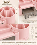 Go To Desk Organizer With Drawer And Pen Holder For Home Office showcasing pink design, translucent drawer, and rotation feature.