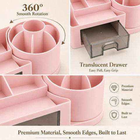 Go To Desk Organizer With Drawer And Pen Holder For Home Office showcasing pink design, translucent drawer, and rotation feature.
