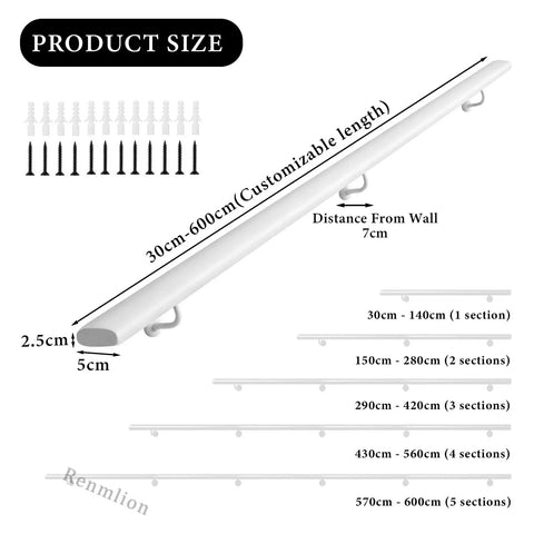 Heavy Duty Wrought Iron Stair Handrail Indoor Outdoor Rust Resistant Custom Length Grab Rail with size and installation details
