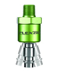 High Flow Ball Swivel Plug For Air Tools, 1/4 Inch Body And 1/4 Inch MNPT, Push-To-Connect Quick Connector, Pro Grade Build, Handles Up To 300 PSI, Twice The Flow Compared To Standard Interchanges, Nickel Finish. Green and silver air tool fitting with threaded top