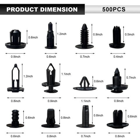 Close-up of assorted clips from Must Have 500 Piece Universal Car Clip Kit with various sizes and shapes labeled in inches.