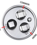 60/5 MFD Run Capacitor for AC motors showing Herm, Fan, and Common terminals on top view