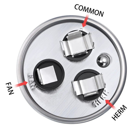 60/5 MFD Run Capacitor for AC motors showing Herm, Fan, and Common terminals on top view