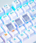 Kick Ass Mechanical Gaming Keyboard 87 Keys Tenkeyless Build close-up of white keys and rainbow LED backlight for smooth typing