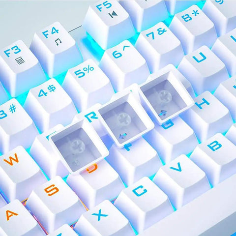 Kick Ass Mechanical Gaming Keyboard 87 Keys Tenkeyless Build close-up of white keys and rainbow LED backlight for smooth typing