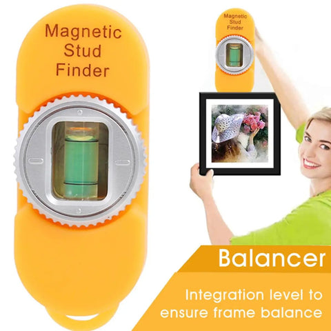 Portable Screw Finder Magnetic Detector for Wood and Metal Studs shown with a level, used for hanging frames.
