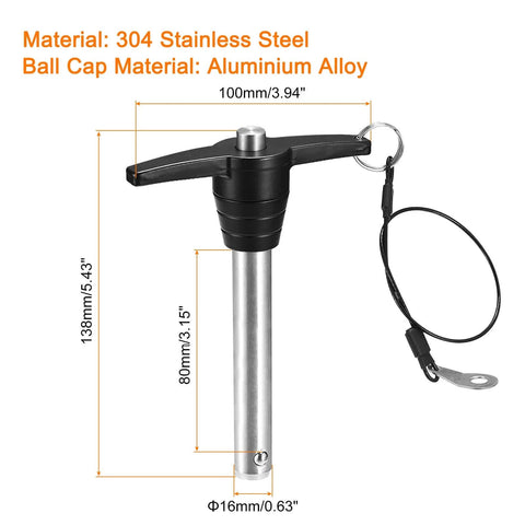 Heavy Duty Stainless Steel T Handle Locking Pin With Push Button Quick Release And Lanyard, Five Eighths Inch Pin Diameter