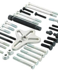 46 Piece Harmonic Balancer Puller Set And Steering Wheel Puller Kit components with heavy duty yokes and bolts.