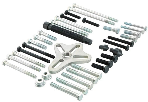 46 Piece Harmonic Balancer Puller Set And Steering Wheel Puller Kit components with heavy duty yokes and bolts.