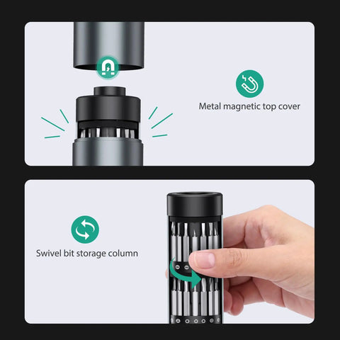 Mini Electric Screwdriver Kit With 62 In 1 Precision Bits showing magnetic top cover and swivel bit storage column.