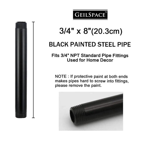 Six Pack Three Quarter Inch By Eight Inch Black Metal Pipe Pre Cut For Industrial Shelving And Home Decor label with pipe