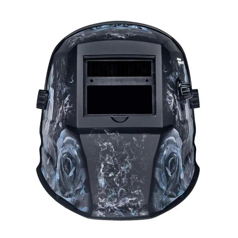 Smoking Rose ADF Welding Helmet Built Tough With Lightweight Fireproof Shell front view with rose design and dual crown strap