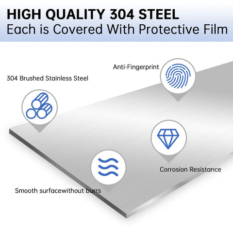 Front view of two brushed 304 stainless steel sheet gap filler trim strips, 30 x 3 x 0.04 in, protective film