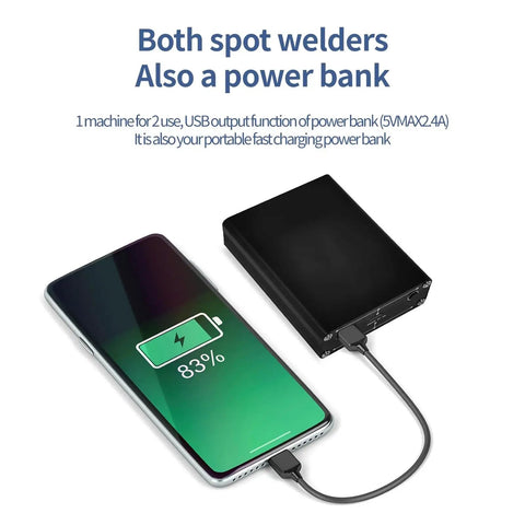 Handheld Mini Spot Welder Kit For DIY Projects showing charging functionality with smartphone connection.