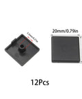 12 Pack 2020 Series European Standard Aluminum Profile End Caps For T Slot Extrusions Push In Cap No Tools Required 20x20mm Durable Plastic Sleek Finish Easy Fit Keeps Debris Out. Black 20x20mm plastic T-slot end cap, front and back views